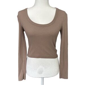 Abercrombie & Fitch Brown Soft Scoop Neck Ribbed Long Sleeve Top Size Small